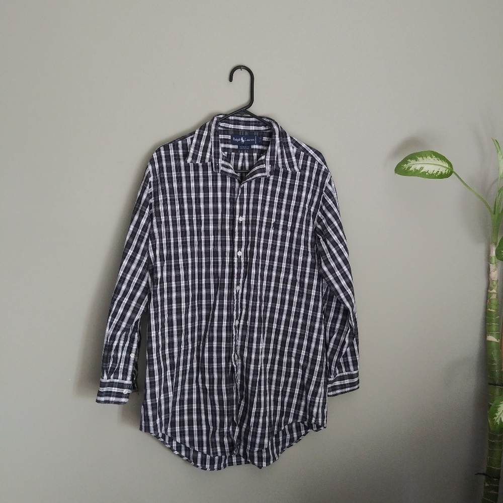 RALPH LAUREN Yarmouth Mens Size 16-32 Blue Plaid Button Down Cotton Shirt